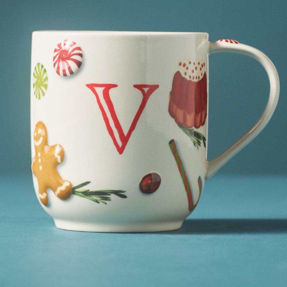 Holifaye stoneware ceramic mug * Christmas monogram V Letter V